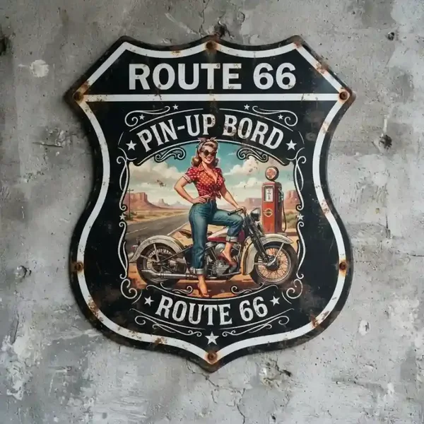 Metalen Schild Route 66 Pin-Up Motor 32x32