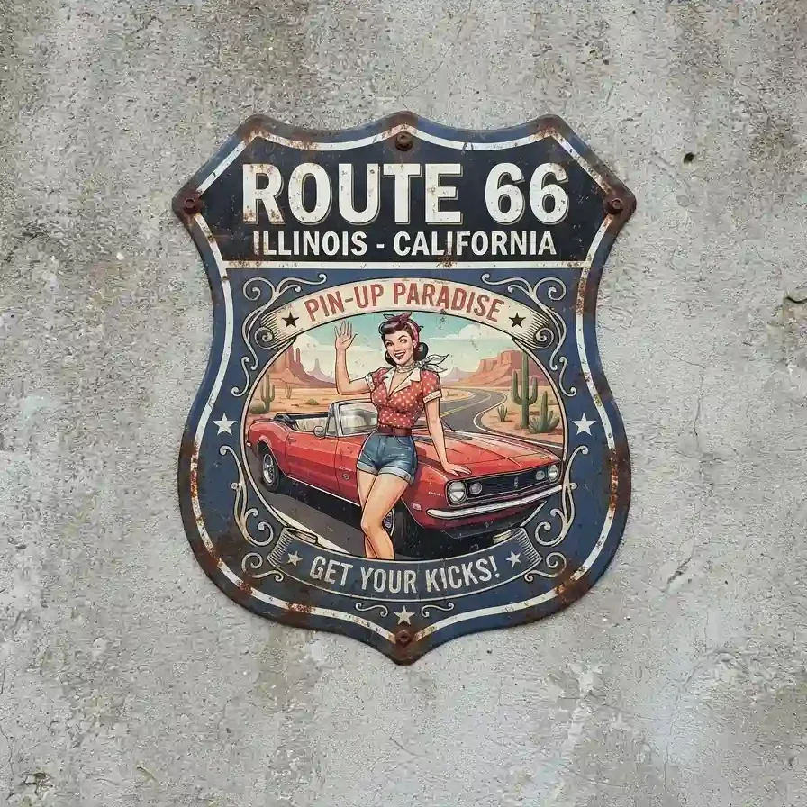 Metalen Schild Route 66 Pin-Up Paradise 32x32 cm