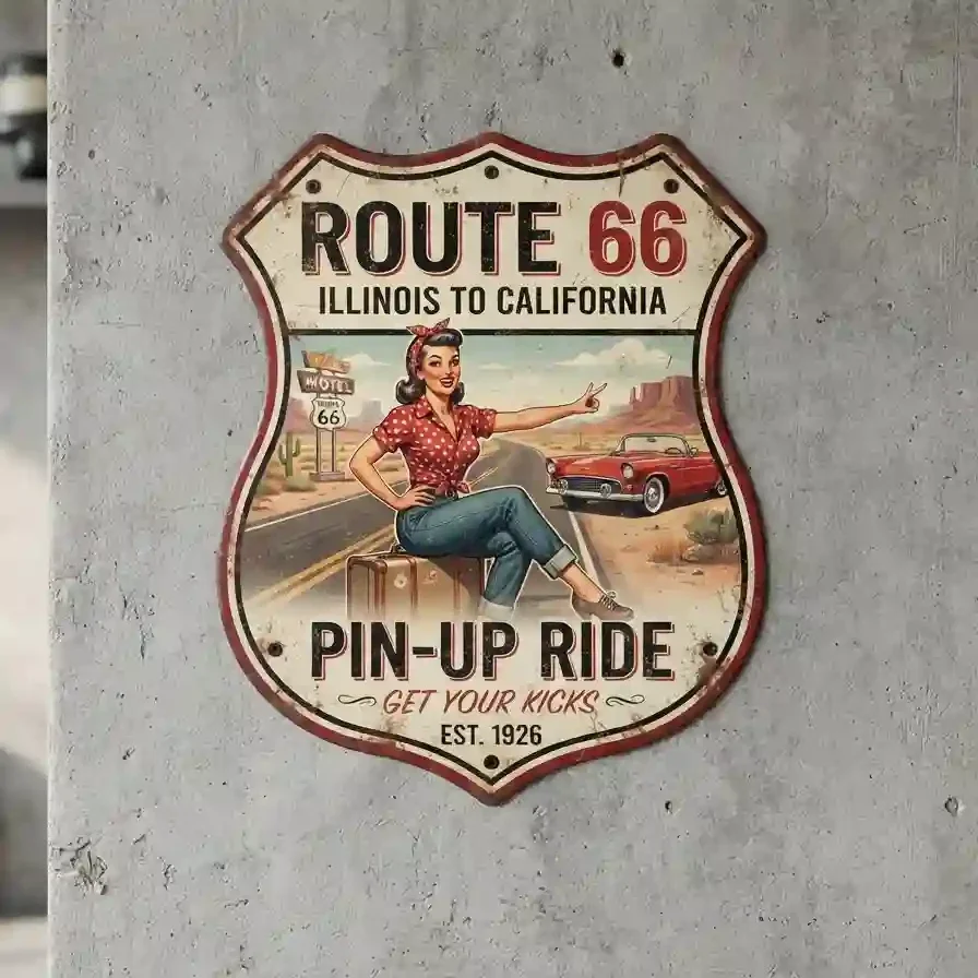 Metalen Schild Route 66 Pin-Up 32x32 cm