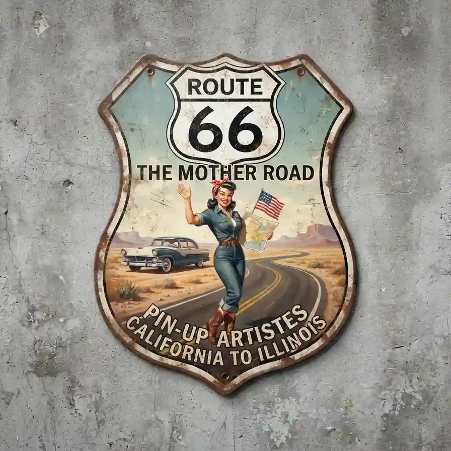 Metalen Schild Route 66 Pin-Up The Mother Road 32x32 cm