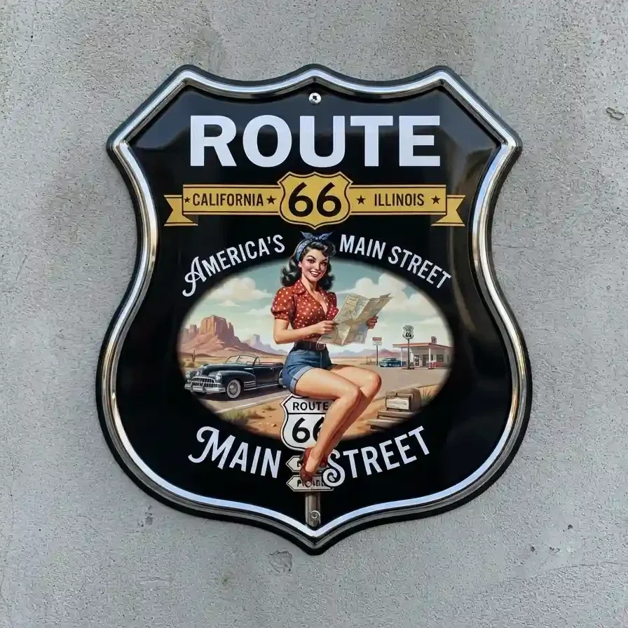 Metalen Schild Route 66 Pin-up 32x32 cm