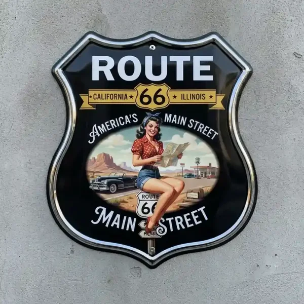 Metalen Schild Route 66 Pin-up 32x32 cm