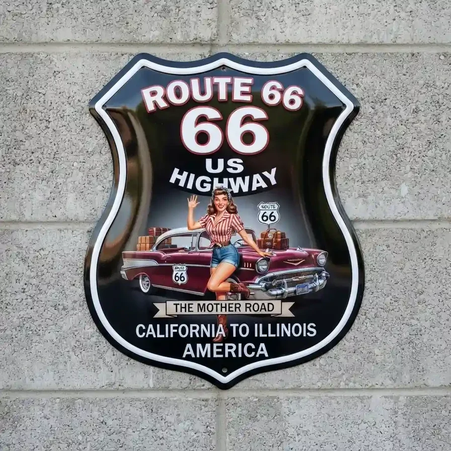 Metalen Schild Bord Route 66 Pin-up Car 32x32 cm