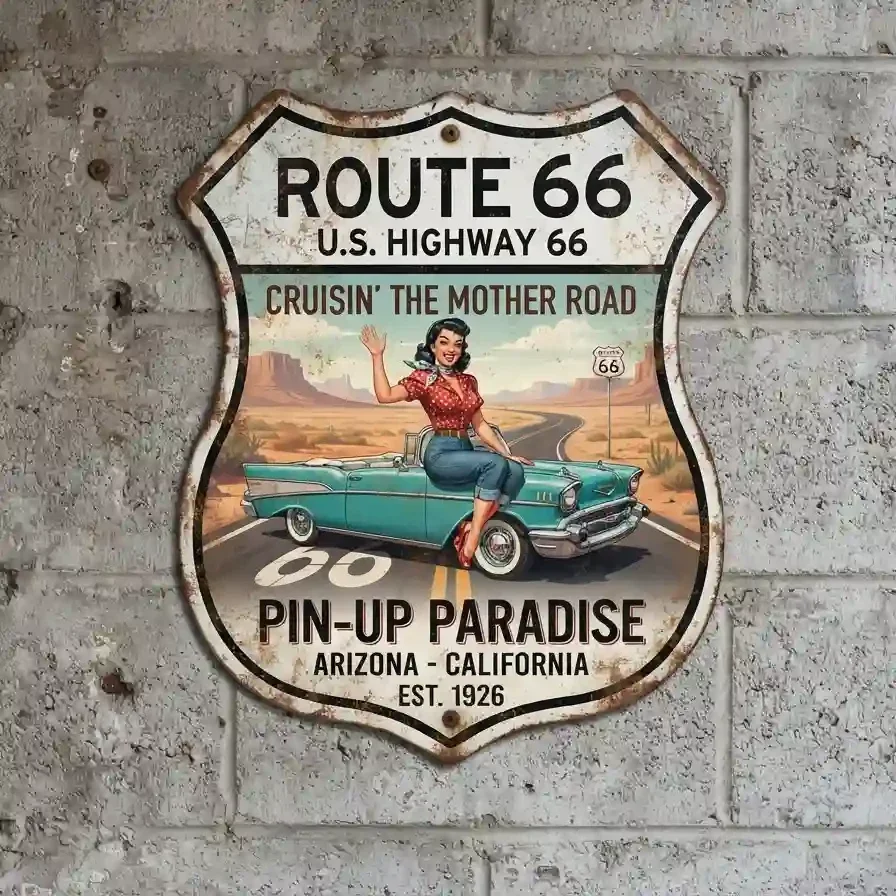Metalen Schild Route 66 Pin-Up Car 32x32 cm