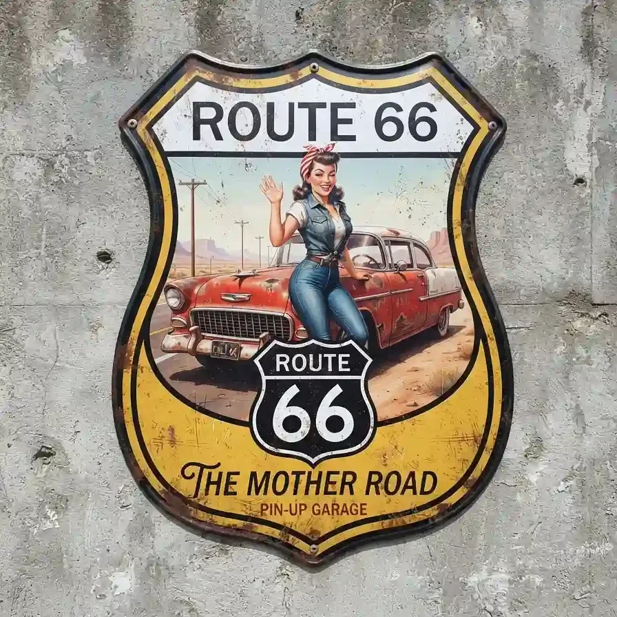 Metalen Schild Route 66 Pin-up Car 32x32 cm