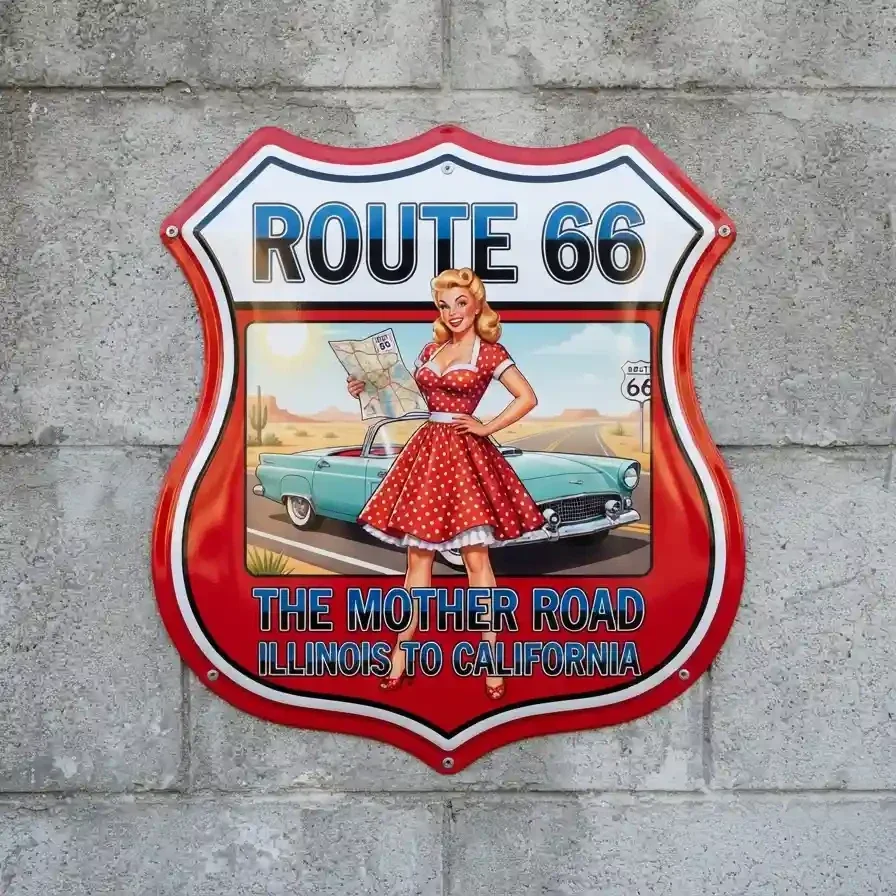 Metalen Schild Route 66 Pin-up & Auto 32x32 cm