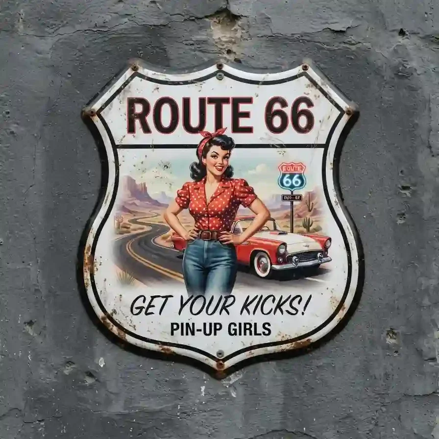 Metalen Schild Route 66 Pin-Up Car 32x32 cm