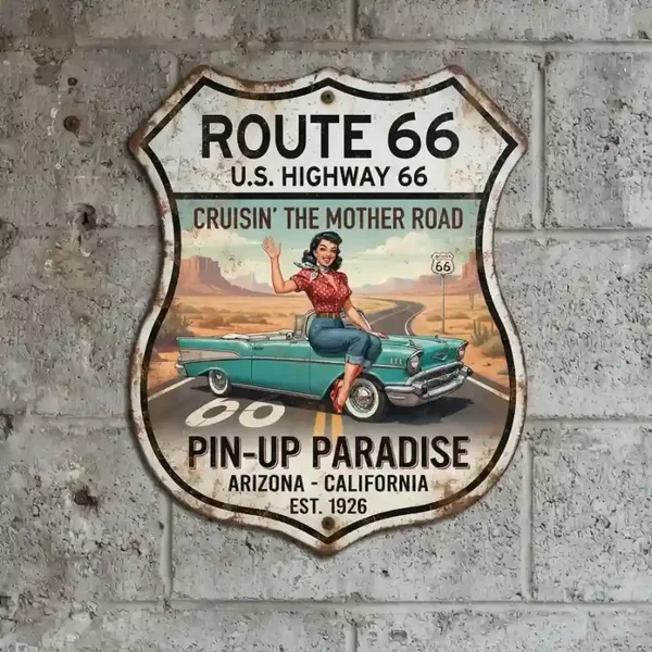 Metalen Schild Route 66 Pin-Up Car 32x32 cm