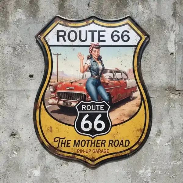 Metalen Schild Route 66 Pin-up Car 32x32 cm