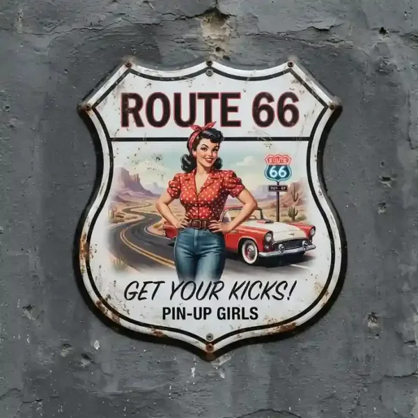 Metalen Schild Route 66 Pin-Up Car 32x32 cm