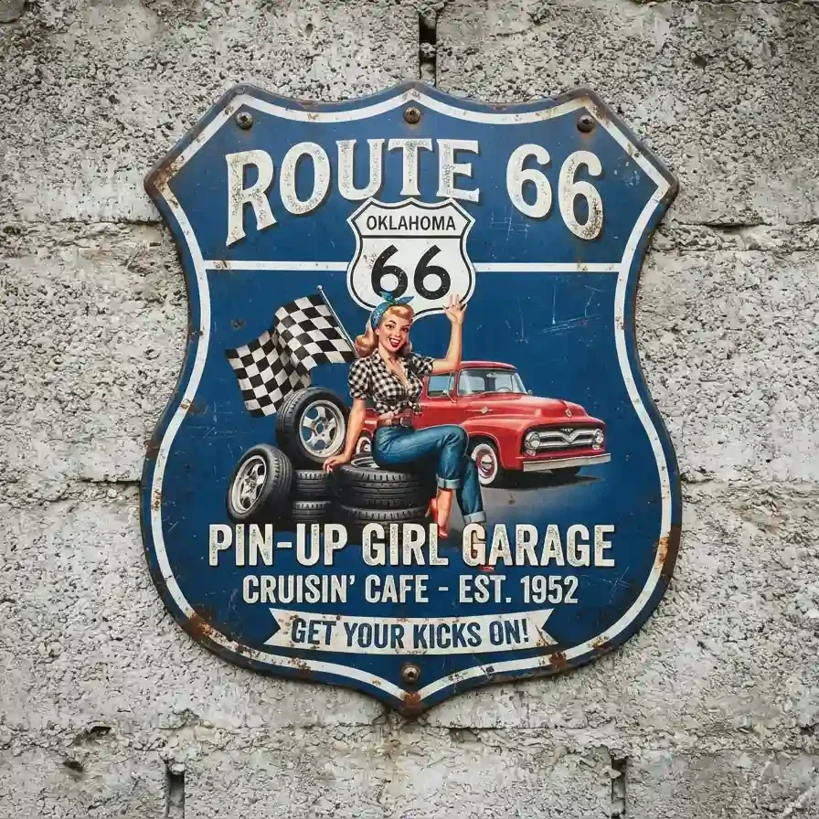 Metalen Schild Route 66 Pin-Up Garage 32x32 cm