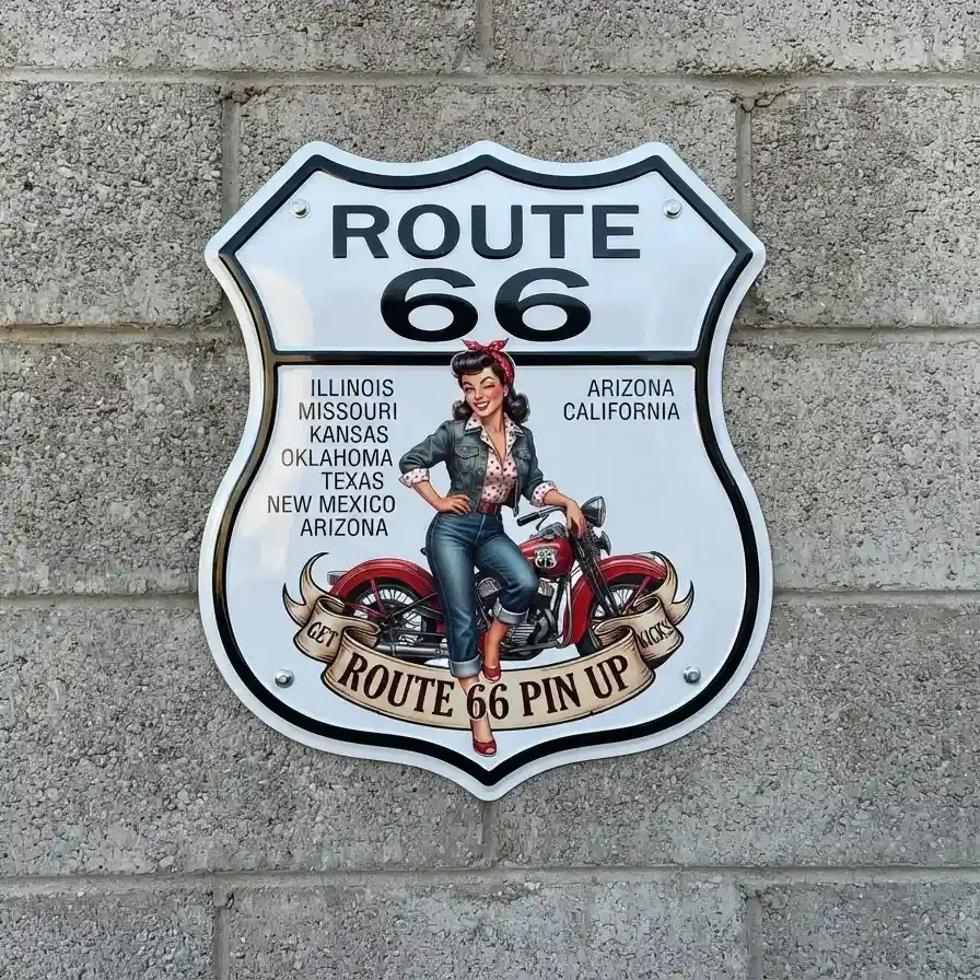 Metalen Schild Route 66 Pin-up & Motor 32x32 cm