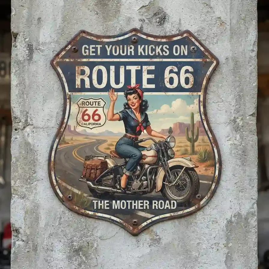 Metalen Schild Route 66 Pin-up Motor 32x32 cm