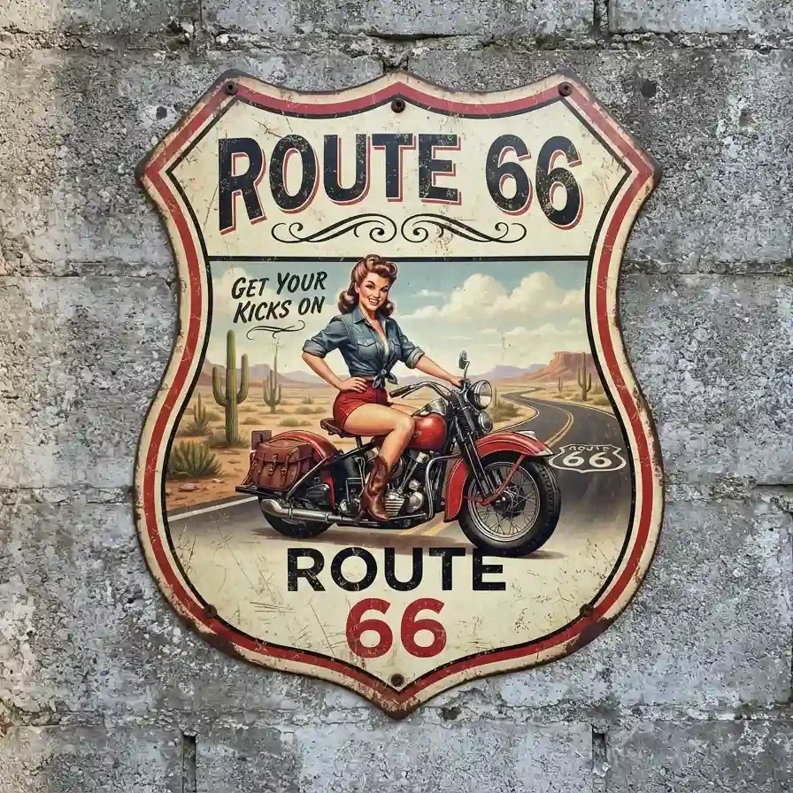 Metalen Schild Route 66 Pin-up Motor 32x32 cm
