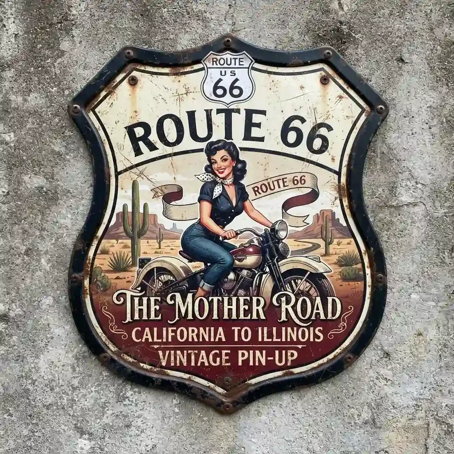 Metalen Schild Route 66 Pin-up Motor 32x32 cm