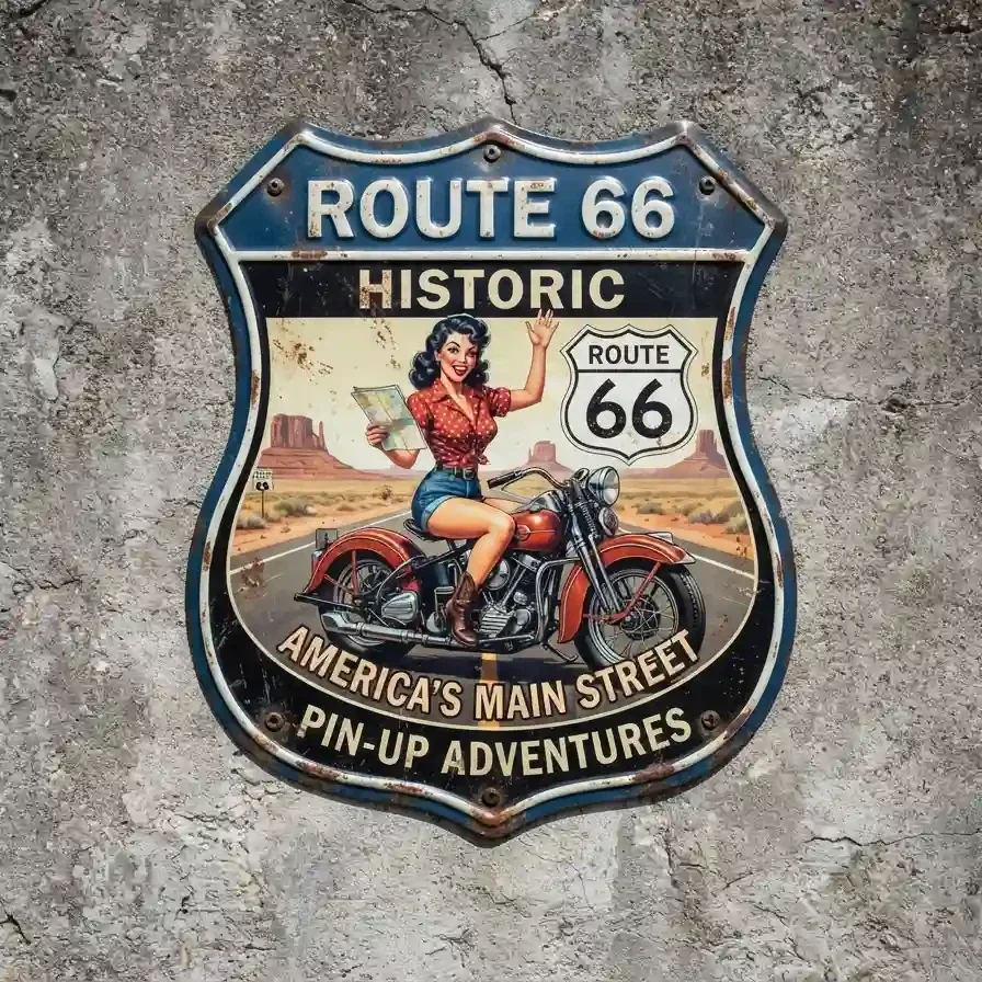 Metalen Schild Route 66 Pin-up 32x32 cm