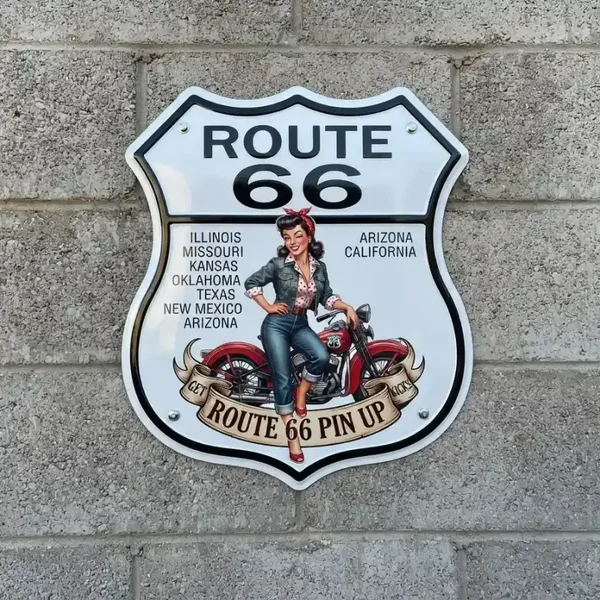 Metalen Schild Route 66 Pin-up & Motor 32x32 cm