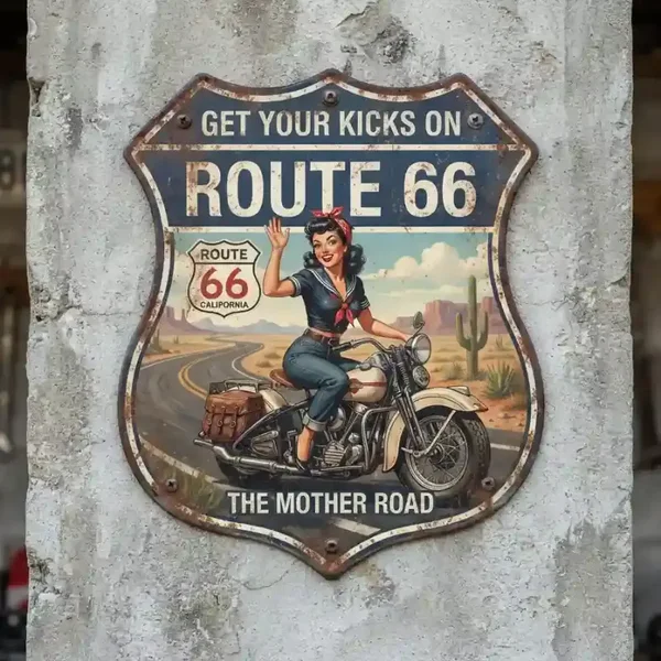 Metalen Schild Route 66 Pin-up Motor 32x32 cm