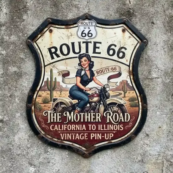 Metalen Schild Route 66 Pin-up Motor 32x32 cm