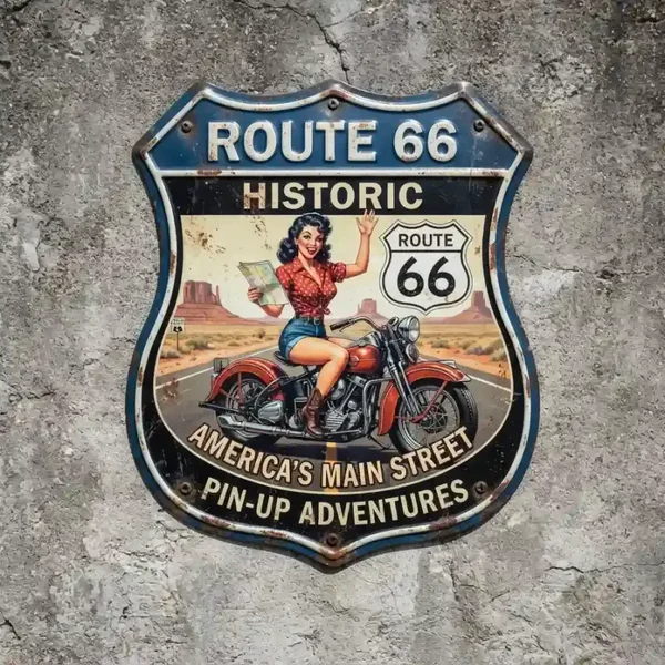 Metalen Schild Route 66 Pin-up 32x32 cm
