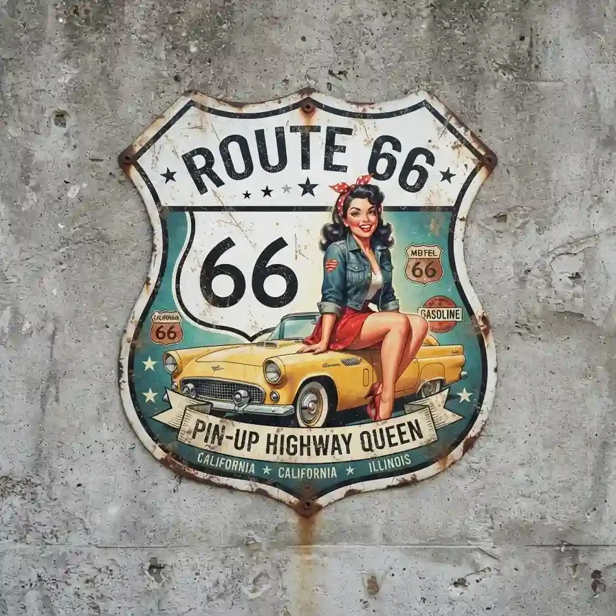 Metalen Schild Route 66 Pin-Up Queen 32x32 cm