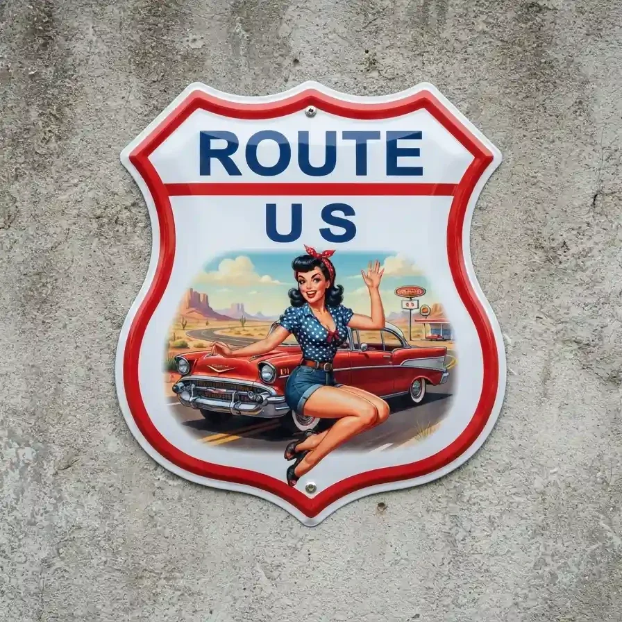 Metal Schild Route US Pin-up Auto 32x32 cm