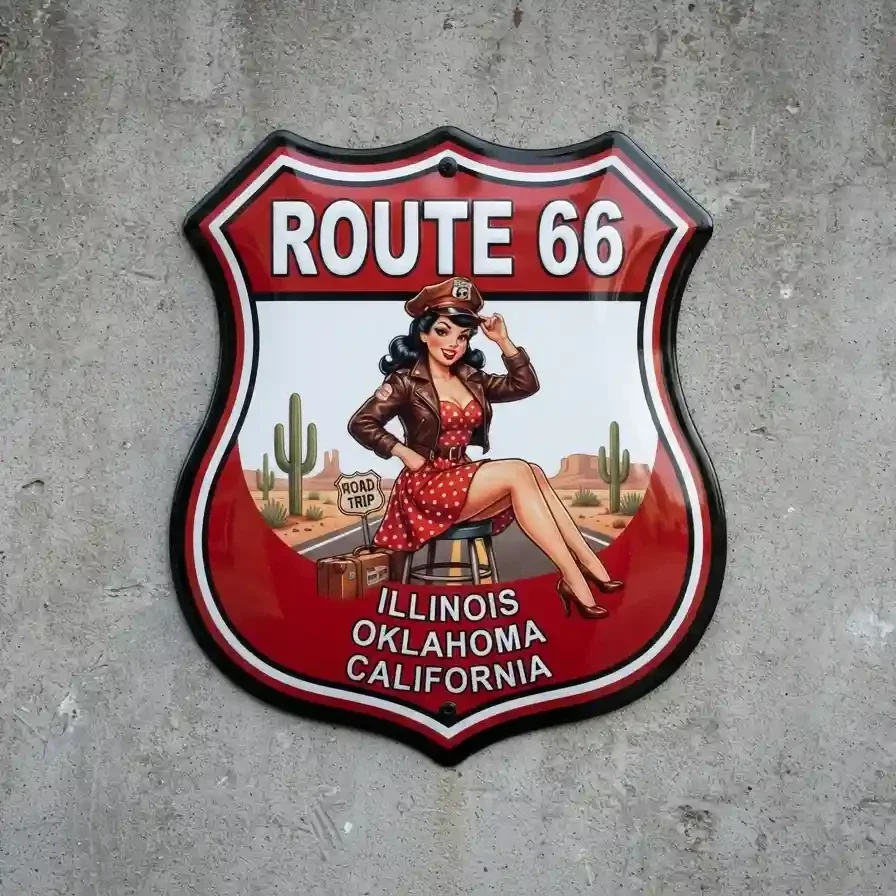 Metalen Schildbord Route 66 Pin-up 32x32 cm