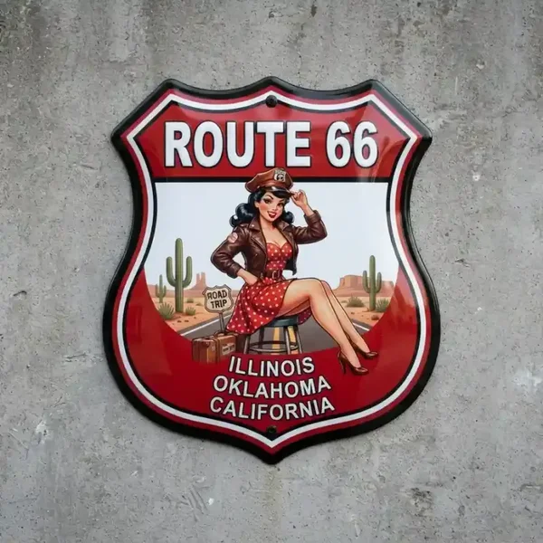 Metalen Schildbord Route 66 Pin-up 32x32 cm