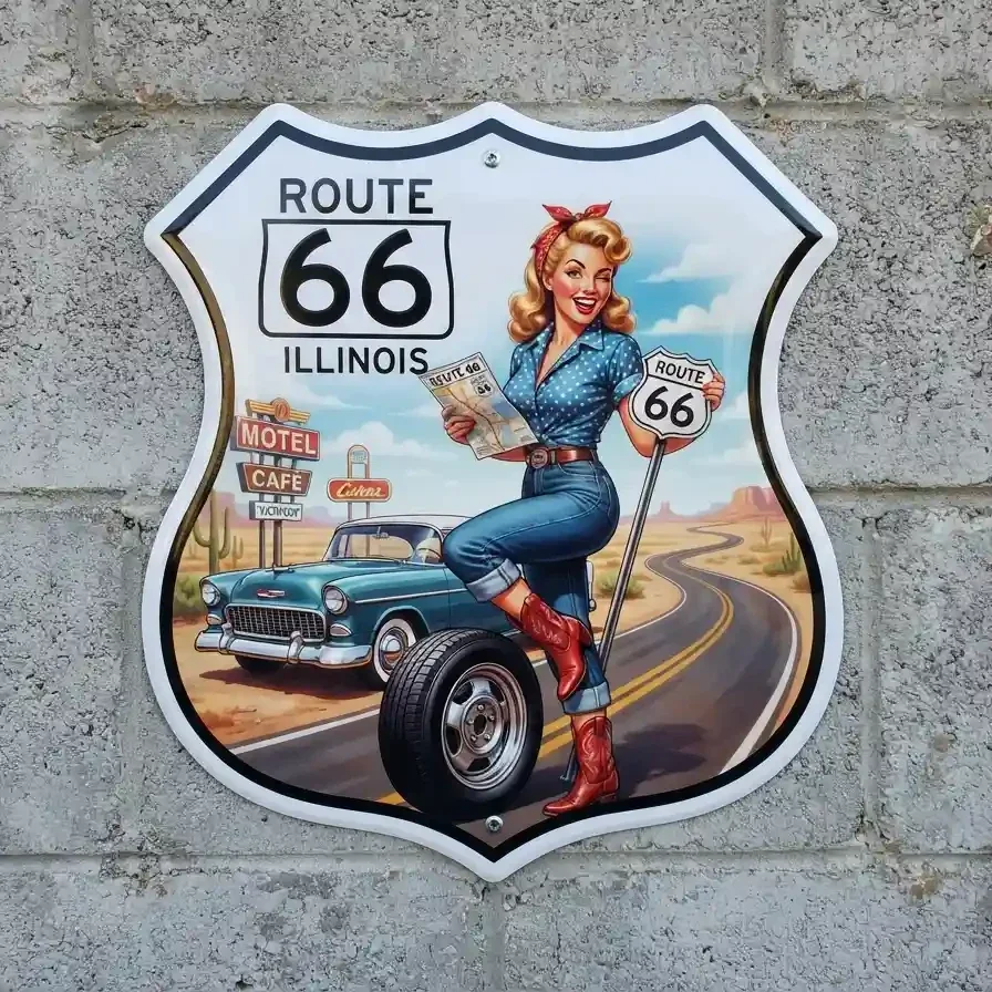 Metalen Schildbord Route 66 Pin-up Illinois 32x32 cm