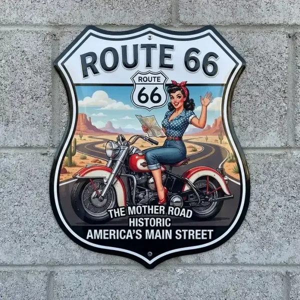 Metalen Schildbord Route 66 Pin-up Motor 32x32 cm
