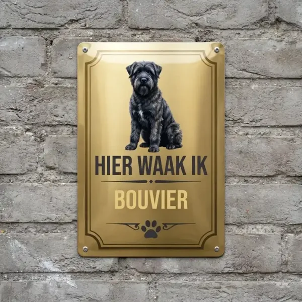 Metalen Waakbord Bouvier - Hier Waak Ik (Goud)