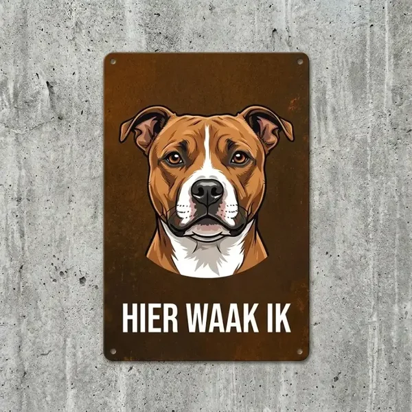 Metalen Waakbord Pitbull - Hier Waak Ik