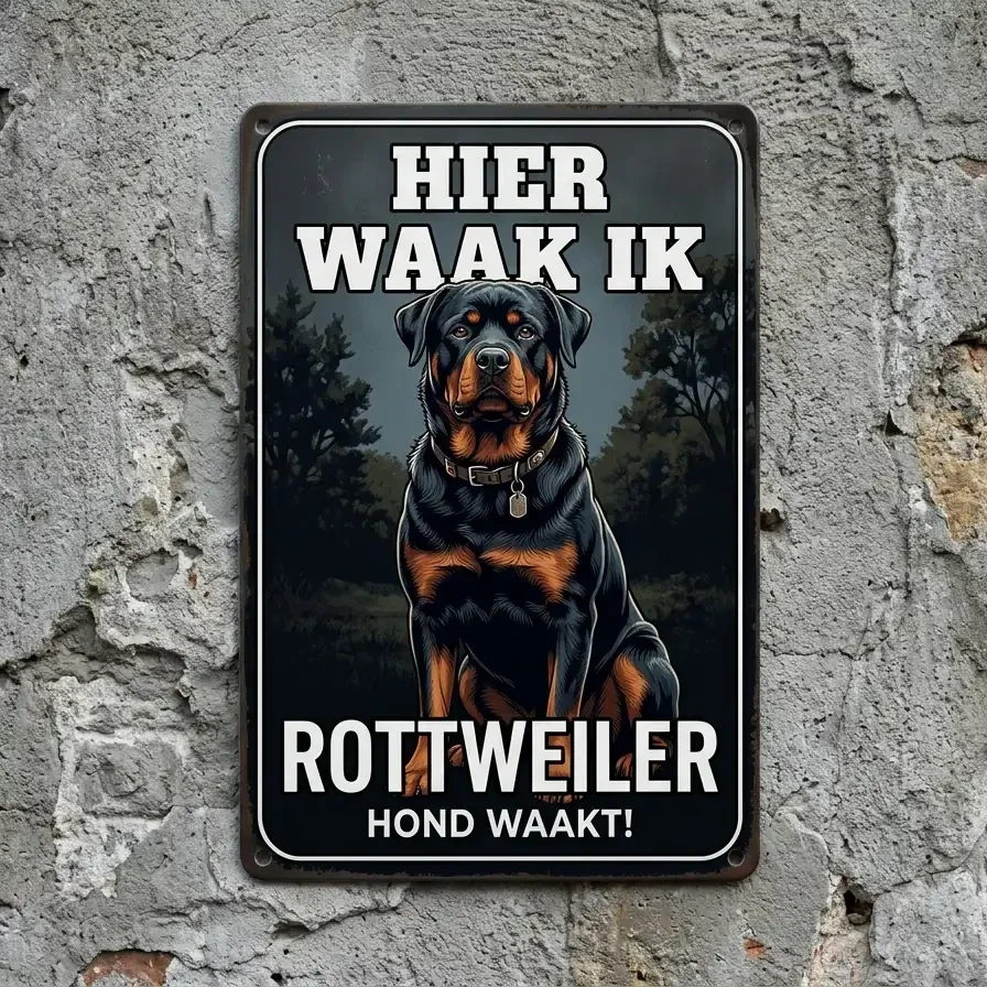 Metalen Waakbord Rottweiler - Hier Waak Ik