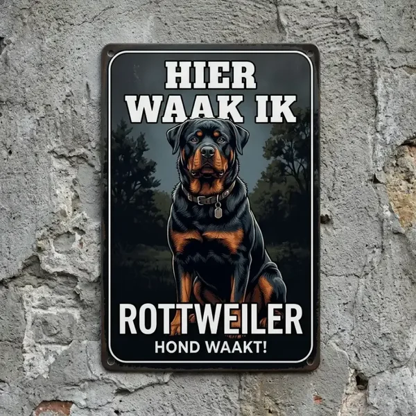 Metalen Waakbord Rottweiler - Hier Waak Ik
