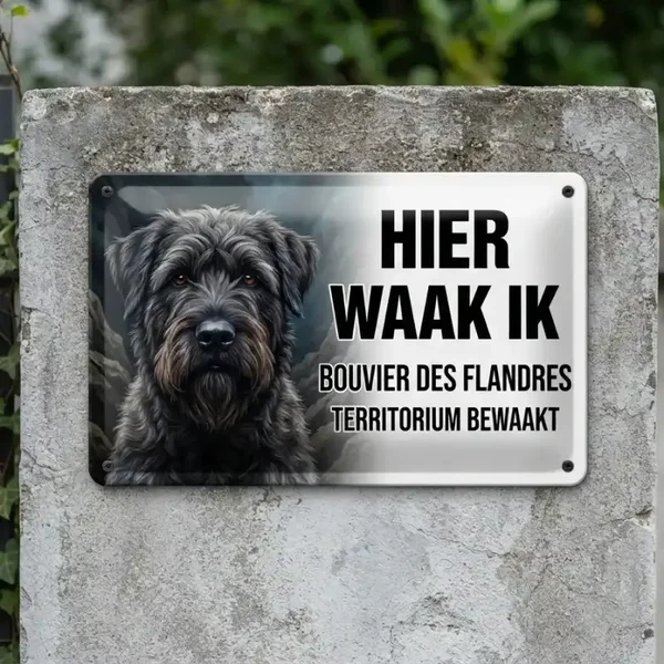 Metalen Waarschuwingsbord Bouvier des Flandres - Hier Waak Ik