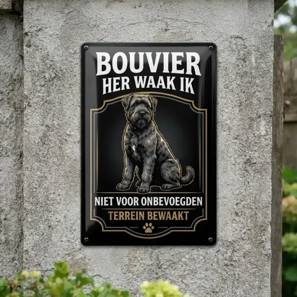 Metalen Waarschuwingsbord Bouvier Hier Waak Ik | Retrobordjes.be