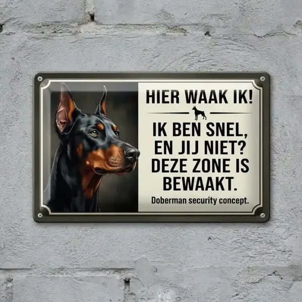 Metalen Waarschuwingsbord Dobermann - Hier Waak Ik