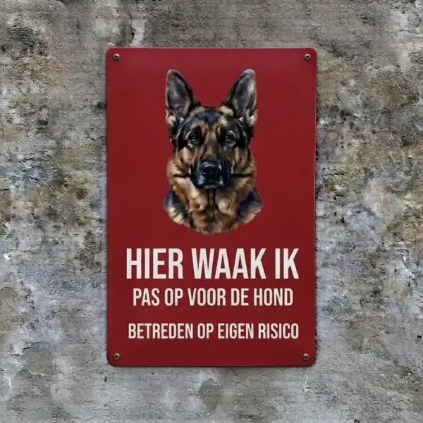 Metalen Waarschuwingsbord "HIER WAAK IK - Duitse Herder