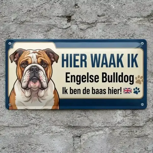 Metalen waarschuwingsbord Engelse Bulldog - Hier waak ik
