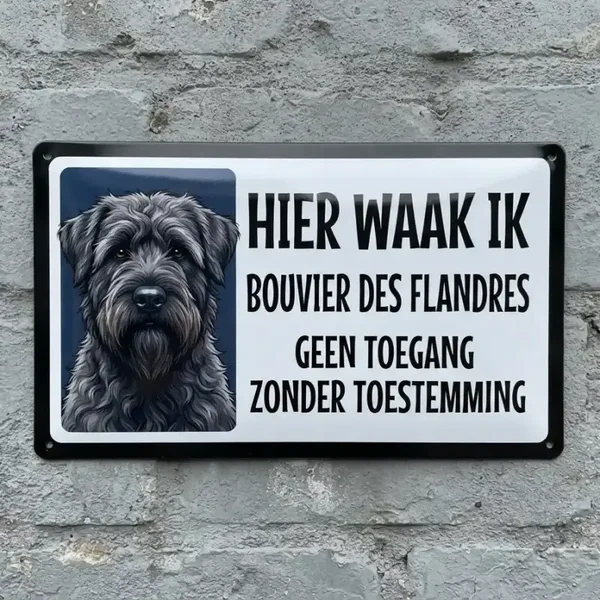 Metalen Waarschuwingsbord Bouvier des Flandres - Hier Waak Ik