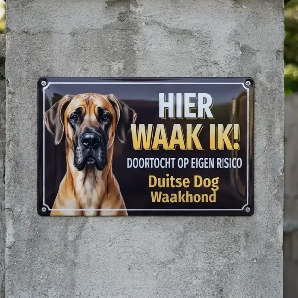 Metalen Waarschuwingsbord Hier Waak Ik Duitse Dog | Retrobordjes.be