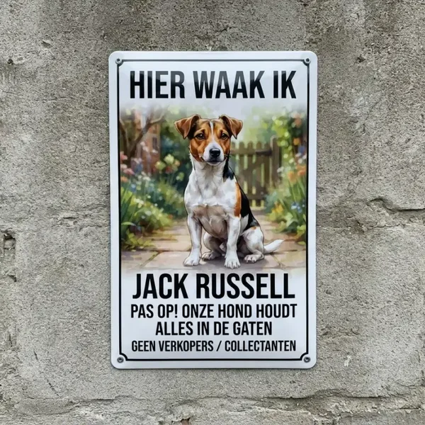 Metalen Waarschuwingsbord Hier Waak Ik Jack Russell