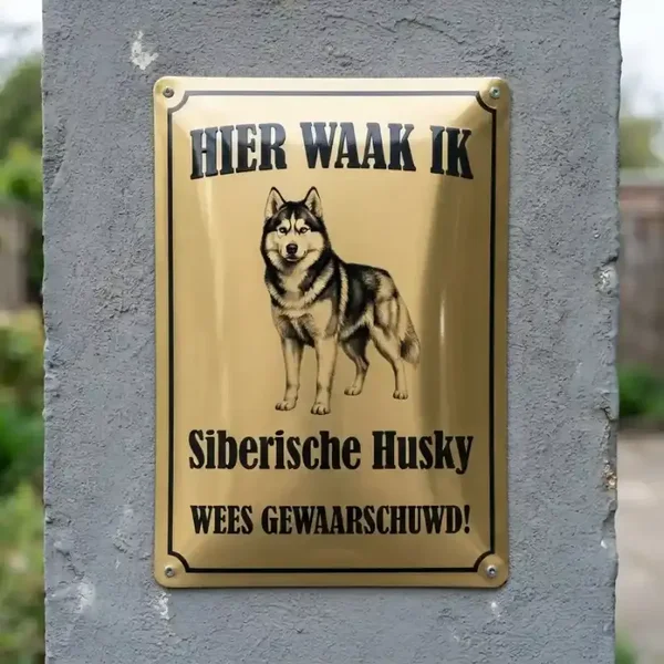 Metalen Waarschuwingsbord - Siberische Husky - Hier Waak Ik