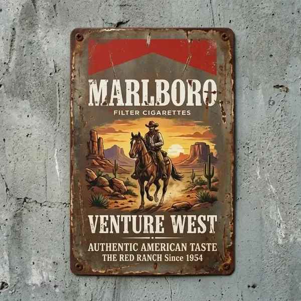 Metalen Wandbord Marlboro Cowboy - Venture West Vintage