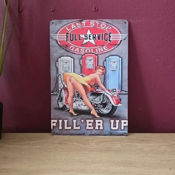 Retro Metalen Wandbord Pin-up Full Service Gasoline - 20x30 cm
