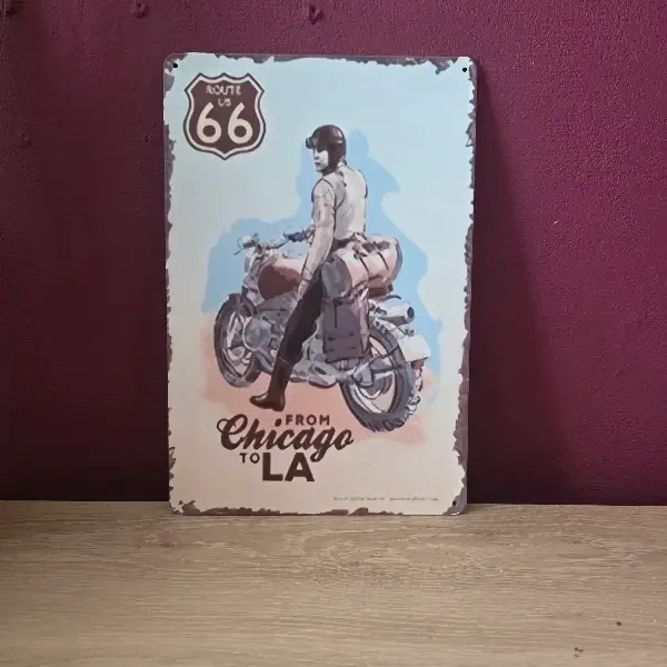 Metalen Route 66 Wandbord Chicago to LA - Vintage Motor (20x30 cm)