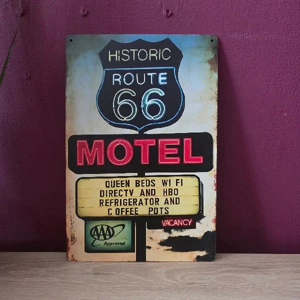 Metalen Wandbord Route 66 Motel Vintage 20x30cm