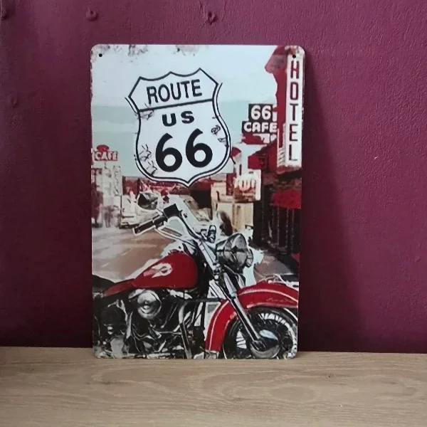 Metalen Wandbord Route 66 met Motor - 20x30 cm