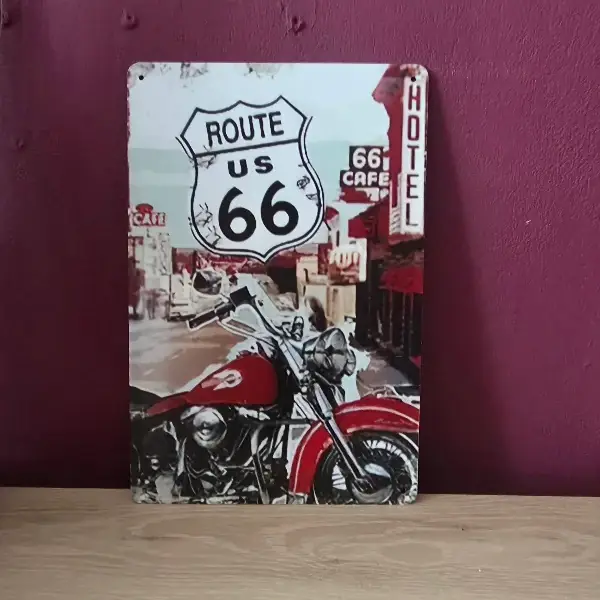 Metalen Wandbord Route 66 met Motor - 20x30 cm