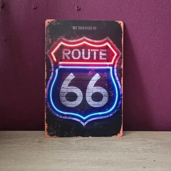 Metalen Route 66 Wandbord Vintage Neon Look - 20x30 cm